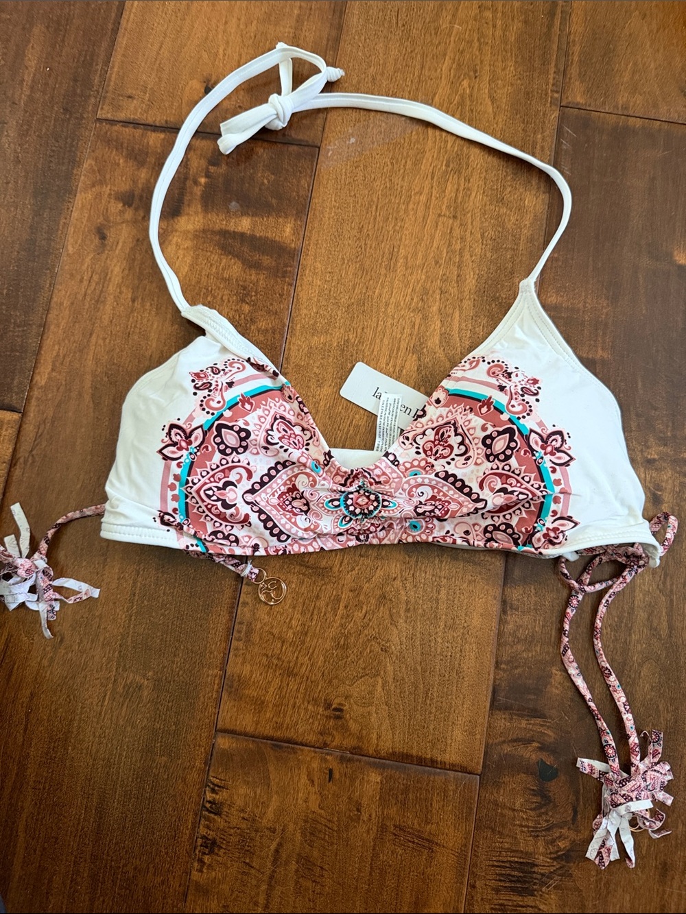 La Vie En Rose White and Pink Paisley Halter Bikini Top